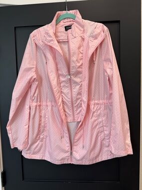 Jones New York Pink Polka Dot Hooded Packable Windbreaker Jacket Size Large